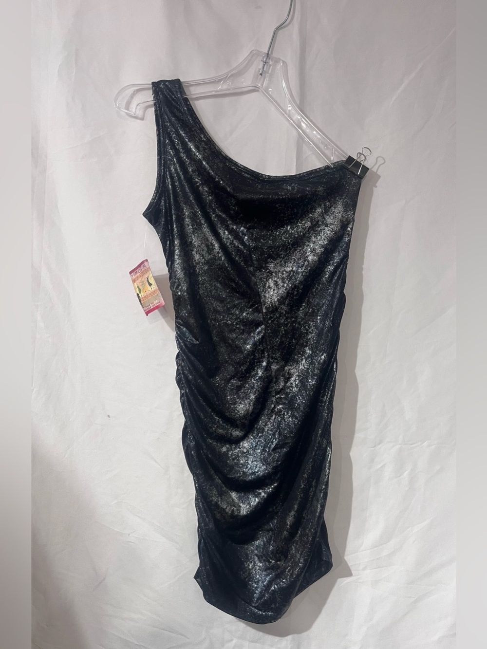 cameo One-Shoulder Shimmery Black Velvet Dress